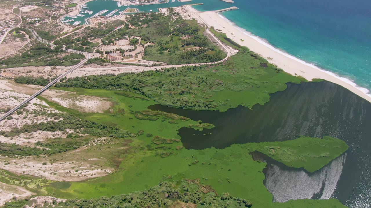 At 0:02, the overhead San Jose del Cabo frame shows a wider sweep of marshland below the road, dark lagoon water, surf along the sand, and no visible people.