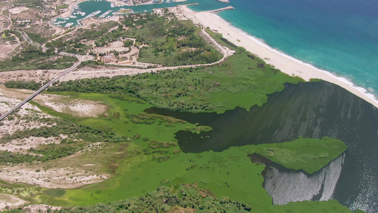 Coastal lagoon and marsh viewed from above near a bright beach.