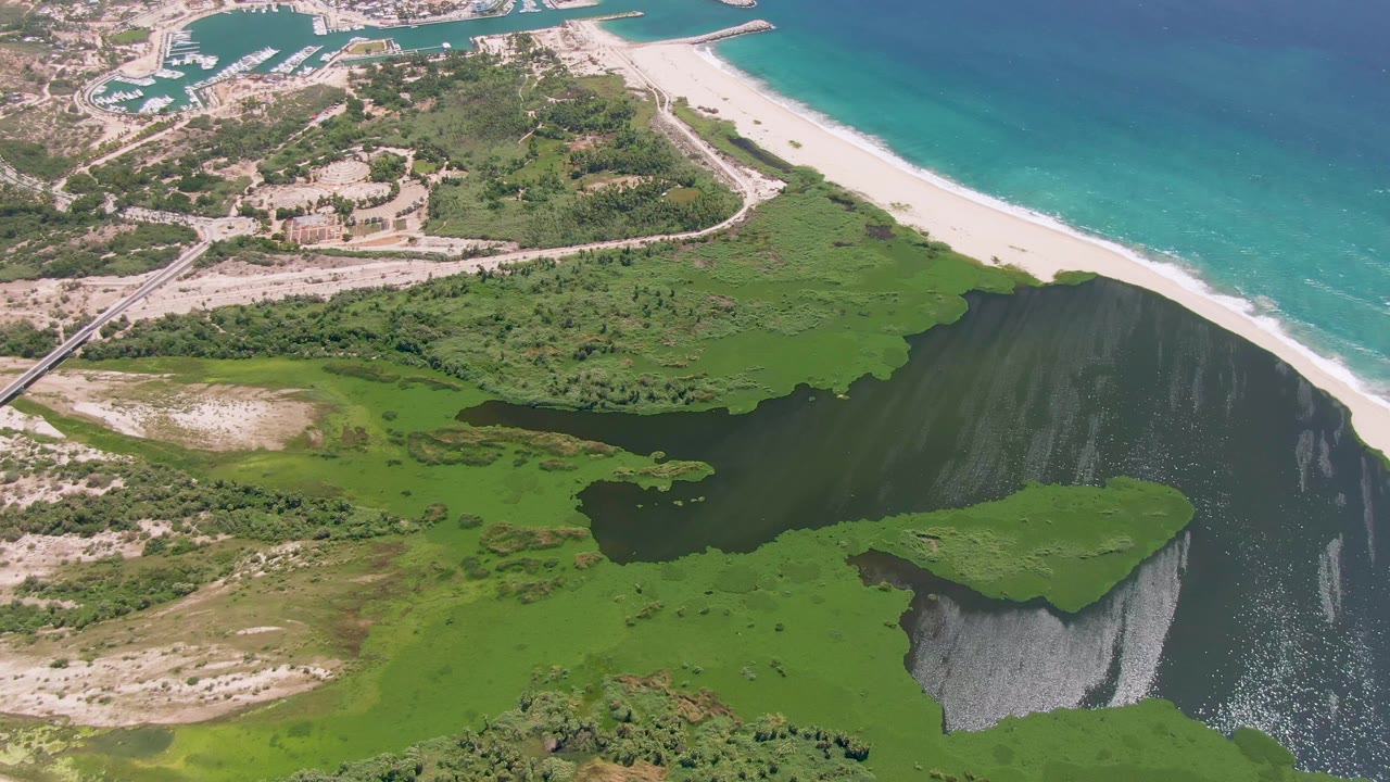 Aerial frame over San Jose Del Cabo showing dark lagoon water, green marshland, a white sand beach, turquoise ocean, roads, distant buildings, and no visible people.