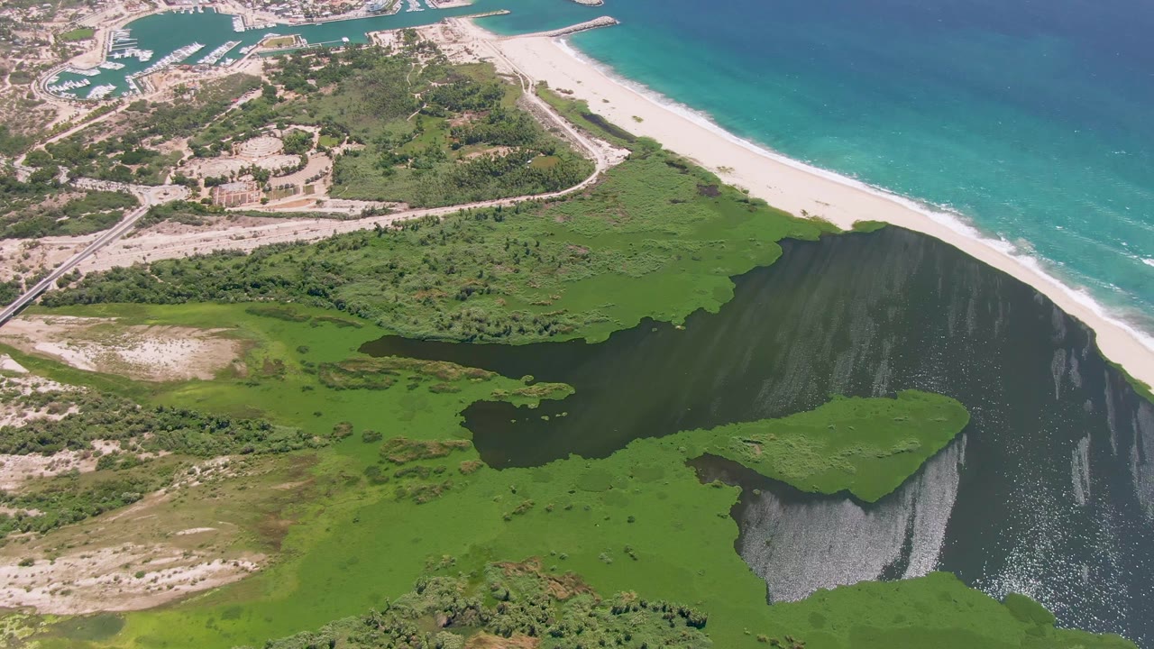 Aerial view in San Jose Del Cabo with the white beach running beside turquoise sea while dark lagoon water and bright green wetland fill the lower frame, with no visible people.