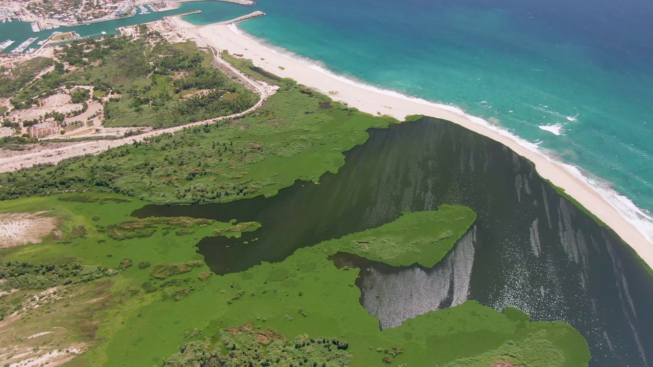 Second aerial frame over San Jose del Cabo with the dark lagoon centered, a green island-like patch in the water, bright beach beyond it, and no visible people.