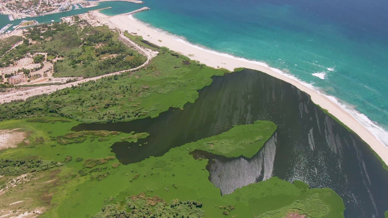 Aerial frame from San Jose del Cabo showing marshy green land spreading toward a dark inlet, a long white beach, blue-green ocean water, and no visible people.