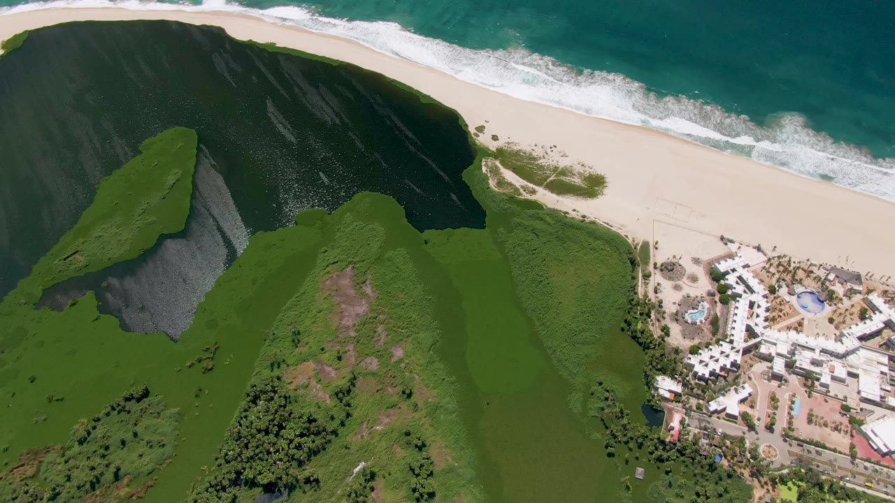 Aerial view in San Jose Del Cabo showing the green slope filling more of the lower frame, with breaking waves along the beach and white resort buildings and pools on the right, no visible people.