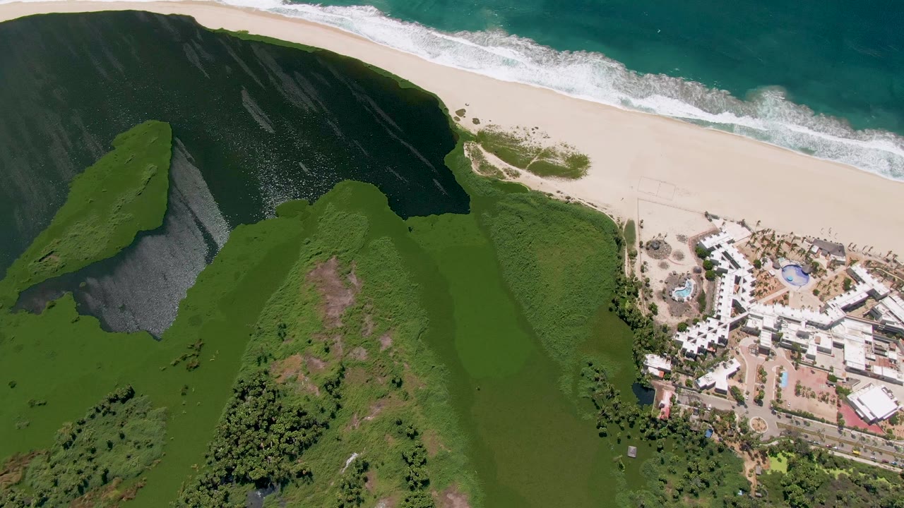 Overhead coast view with green hillside, sand beach, waves, and cropped buildings.