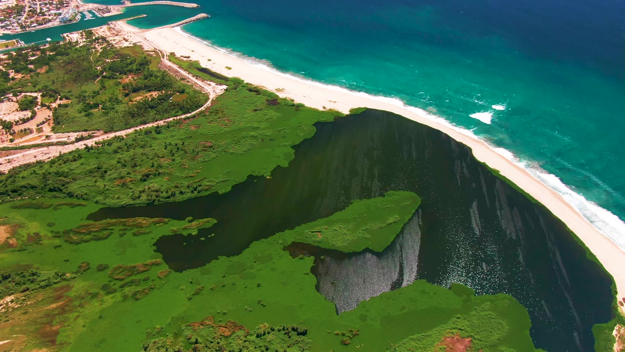 Aerial frame over San Jose del Cabo, Mexico, showing a broad arc of white beach, dark lagoon water, green cliff faces, nearby roads and buildings, and no visible people.