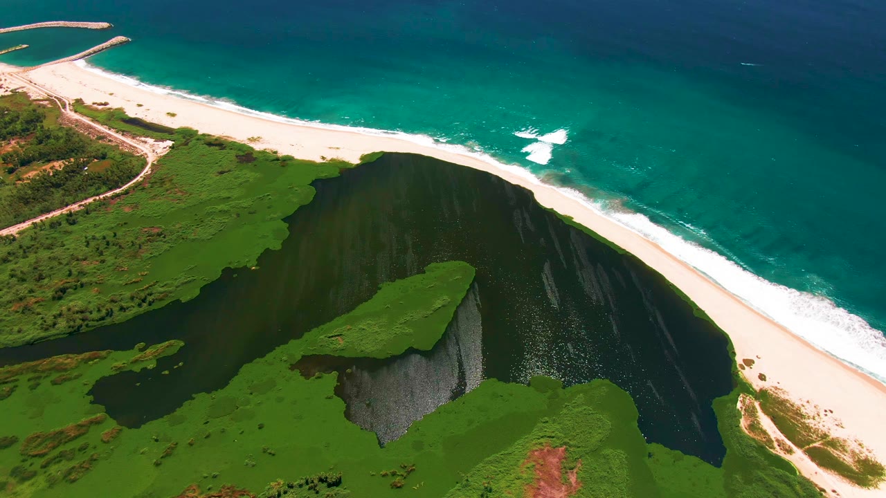 Aerial view in San Jose Del Cabo, Baja California Sur, showing a green cliff above dark water, a curving white sand beach, turquoise sea, and no visible people.