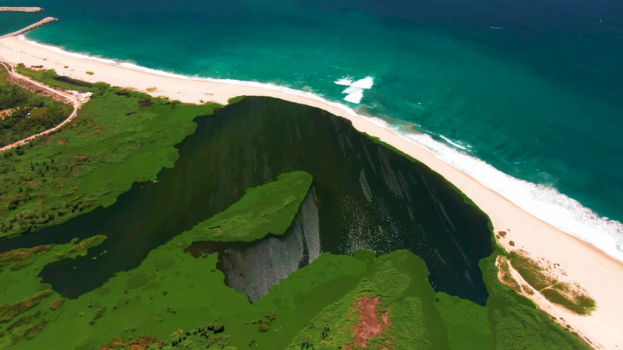 Aerial frame from San Jose Del Cabo showing a green bluff over dark water, the white beach stretching left to right, a small surf patch offshore, and no visible people.