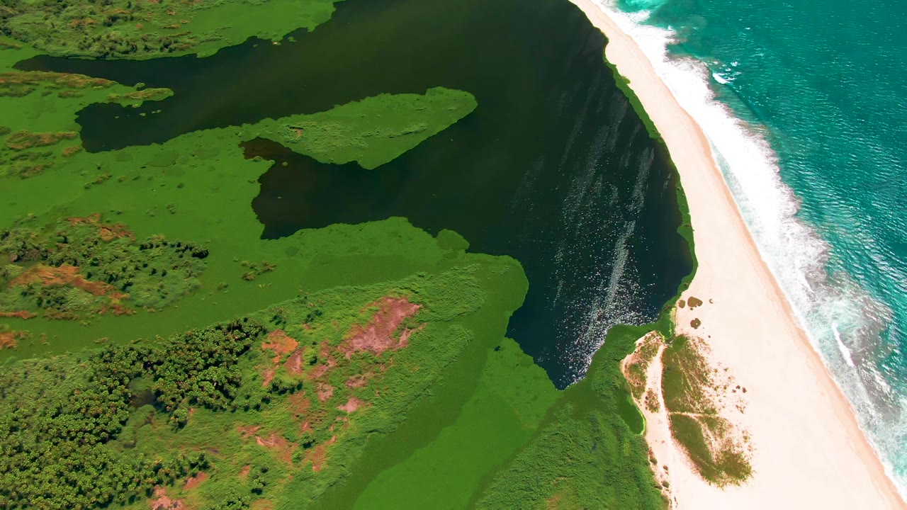 Opening aerial frame over San Jose del Cabo, Mexico, showing a dark river channel beside green vegetation, pale sand, and turquoise surf with no visible people.