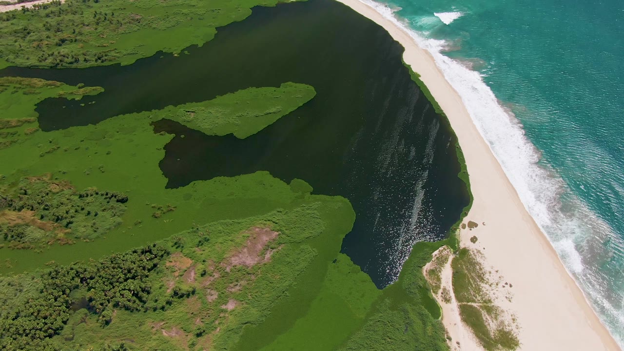Aerial view of a dark inlet beside a sandy beach and turquoise ocean surf.