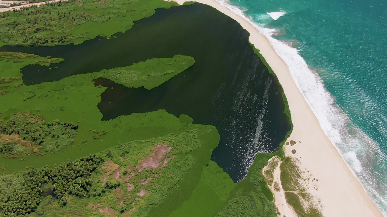 At 0:01, the San Jose del Cabo aerial view holds on the inlet curve, green marshlike land, bright beach strip, turquoise sea, and no visible people.