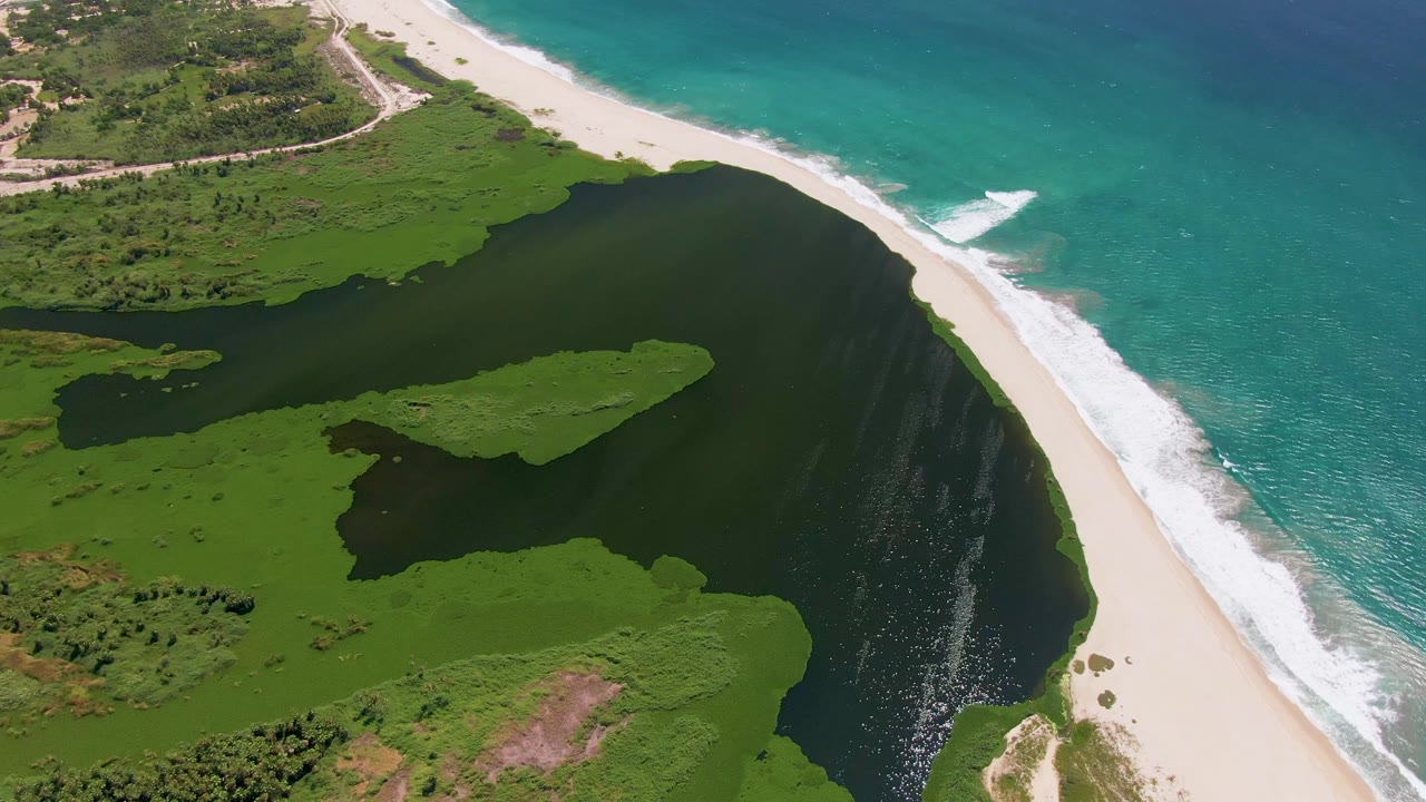 Aerial frame from San Jose Del Cabo showing dark lagoon water and green wetland edges beside a pale beach and bright blue ocean, with no visible people.