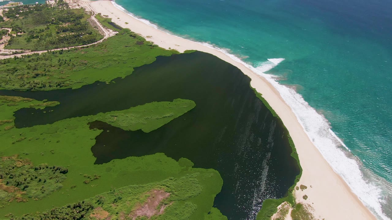 Oblique aerial frame from San Jose Del Cabo showing the lagoon and wetland vegetation occupying more of the lower frame while ocean surf runs along the right beach edge, with no visible people.