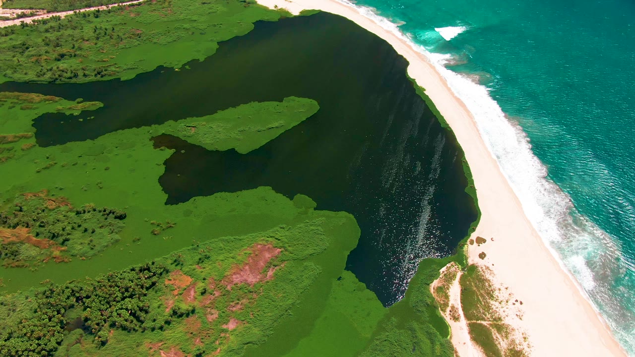 Aerial frame from San Jose del Cabo showing a dark lagoon curving beside a bright sand beach, turquoise ocean surf on the right, green vegetation on the left, and no visible people.