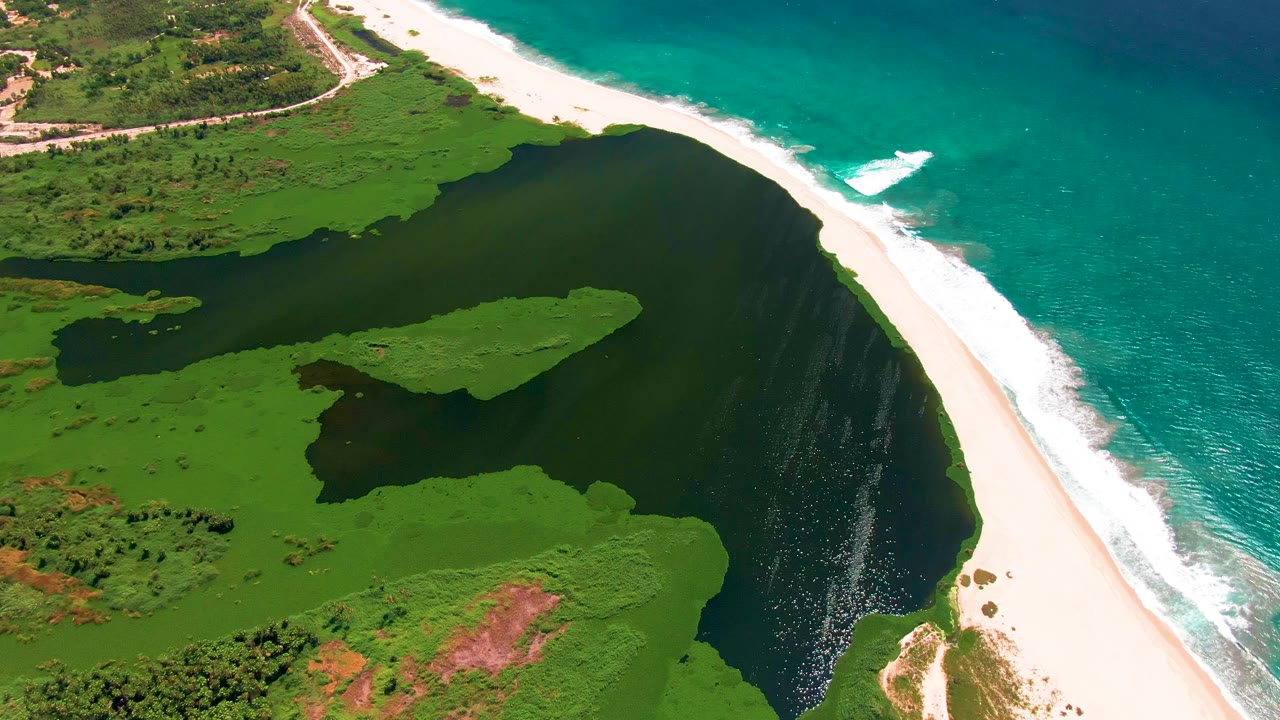 High aerial San Jose Del Cabo view with wetland vegetation at left, dark lagoon water below the beach, turquoise ocean at right, active surf foam, and no visible people.