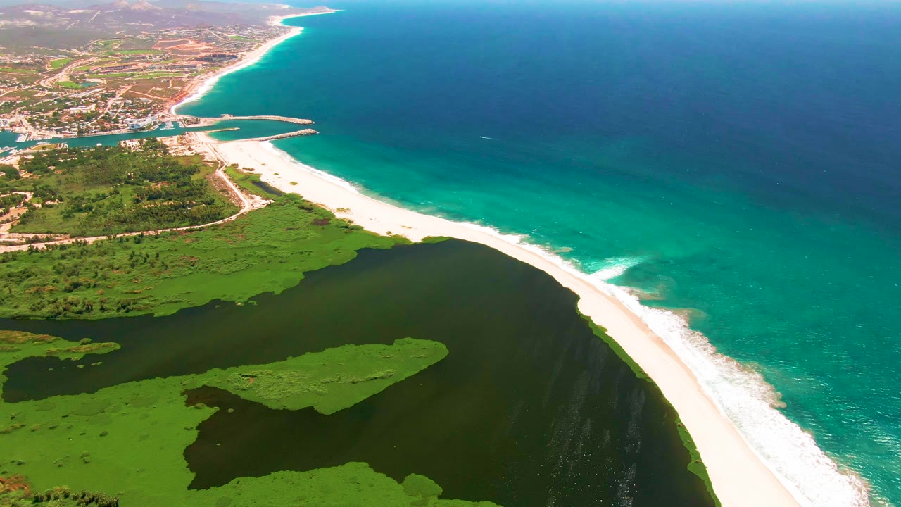 Aerial view of a sweeping beach curve, lagoon, vegetation, and ocean surf.