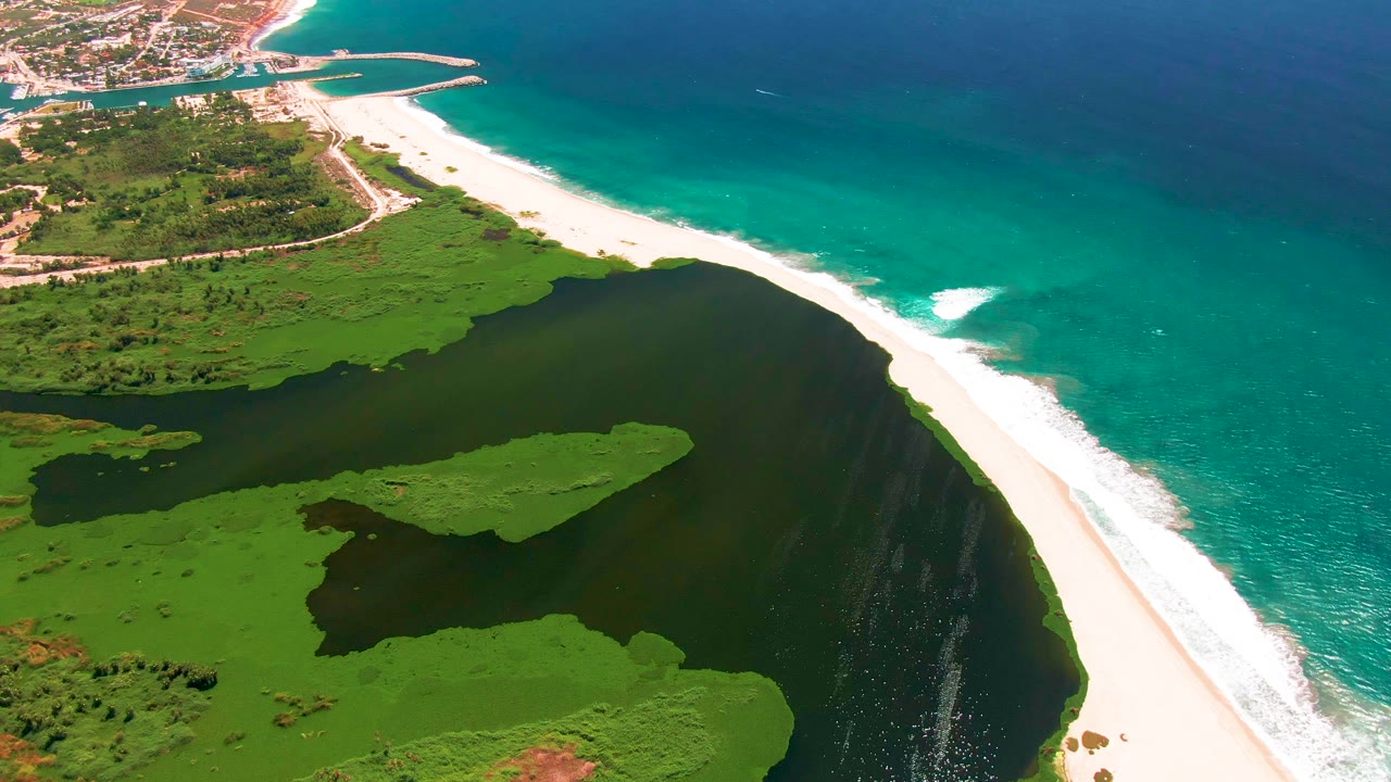 Aerial view in San Jose del Cabo with the lagoon filling the lower frame, green patches along the water, white beach running diagonally, and no visible people.