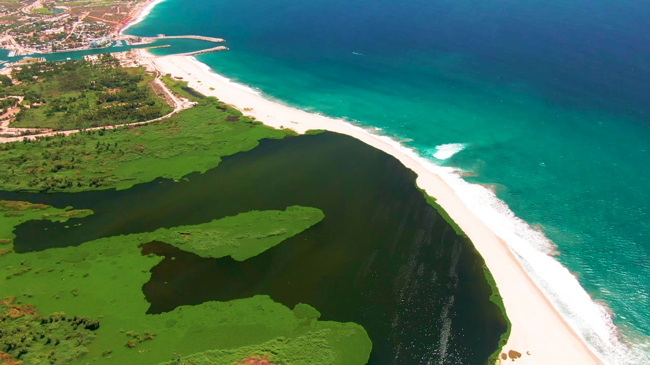 Aerial shot of green lagoon vegetation, white beach, and ocean waves.