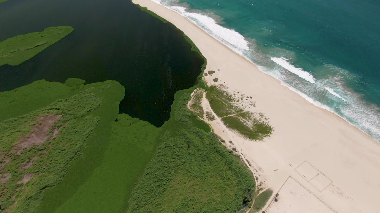San Jose Del Cabo aerial frame showing pale sand between ocean surf and dark green coastal growth, with a very small person still visible near the lower beach approach.