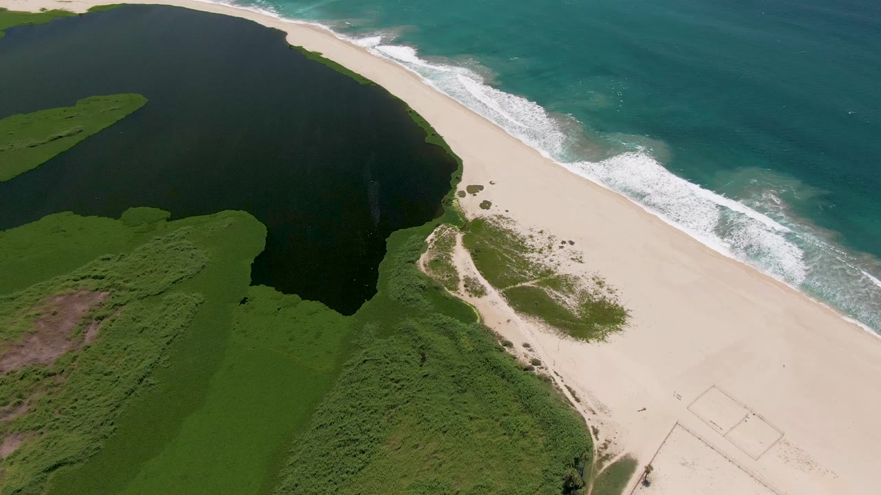 Aerial view in San Jose del Cabo showing a pale sand beach between a dark lagoon, green dune vegetation, and turquoise surf, with no visible people.