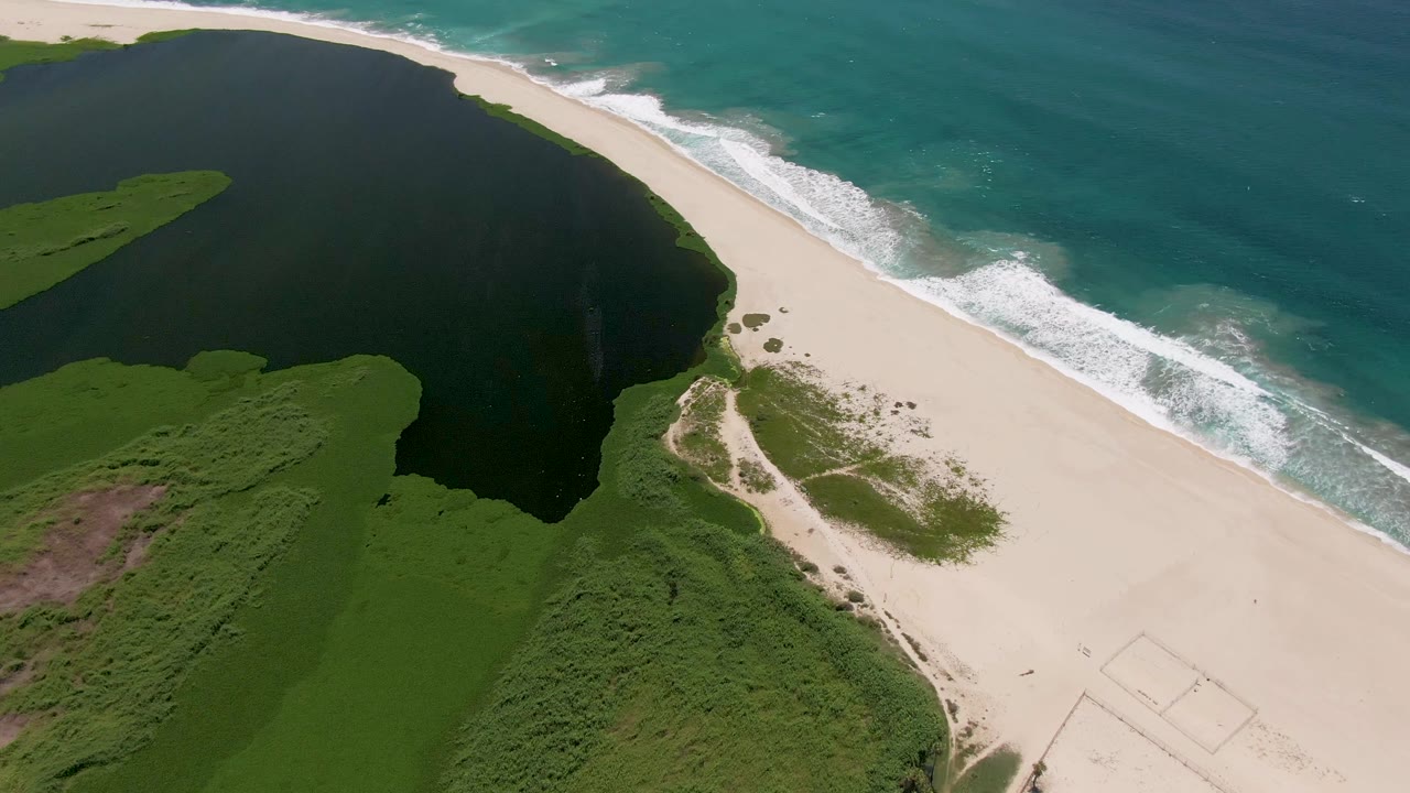 Drone-style frame in San Jose del Cabo with the lagoon filling the left side, green vegetation in the lower frame, and white waves reaching the beach, with no visible people.