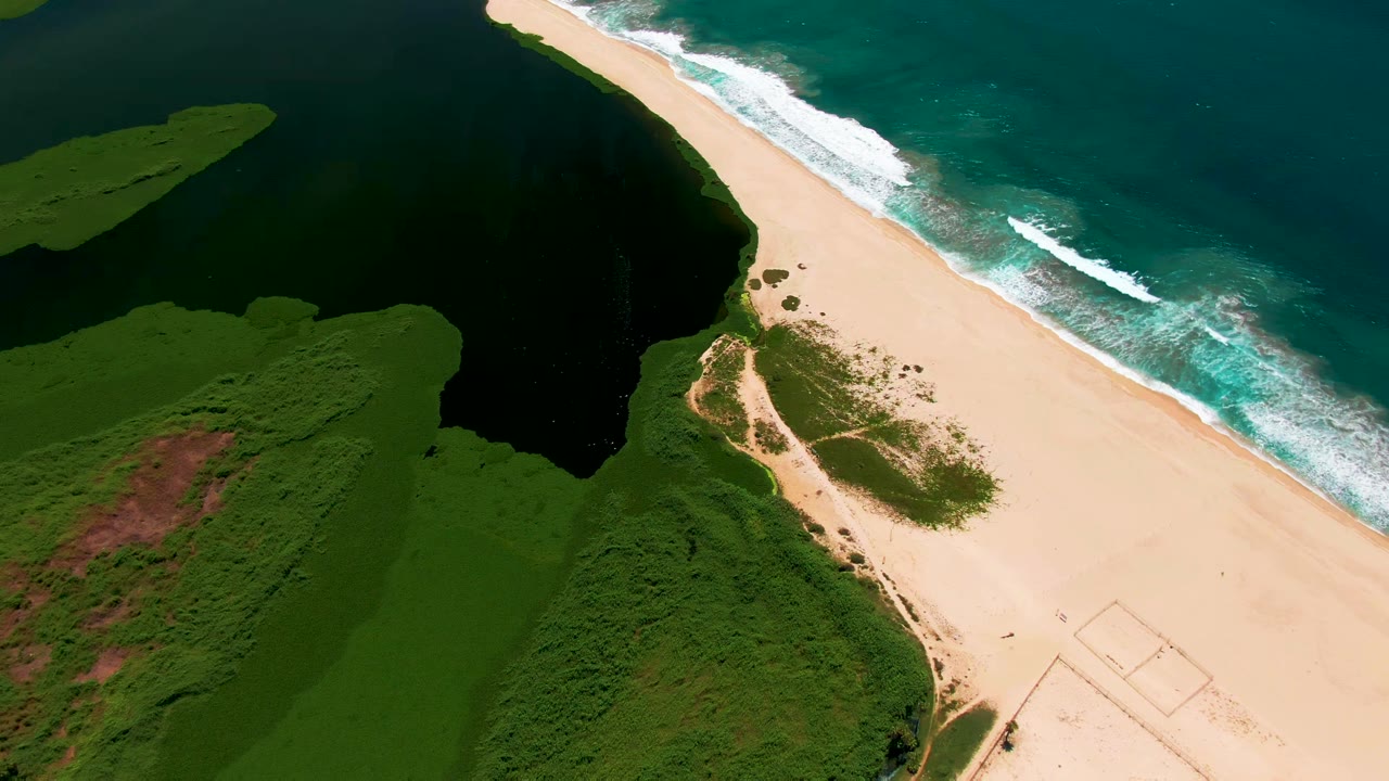 Aerial frame over San Jose del Cabo showing pale sand between dense green coastal land and teal ocean waves, with no visible people.