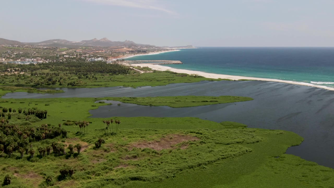 Aerial view of green wetland, lagoon water, sandy beach, ocean, distant buildings, and hills.