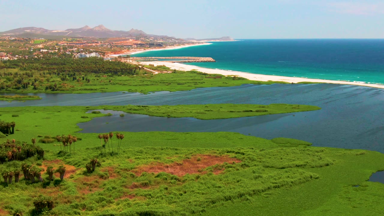 At 0:01, the San Jose del Cabo aerial view holds on the lagoon and marsh grass, with the beach and turquoise ocean stretching across the background and no visible people.