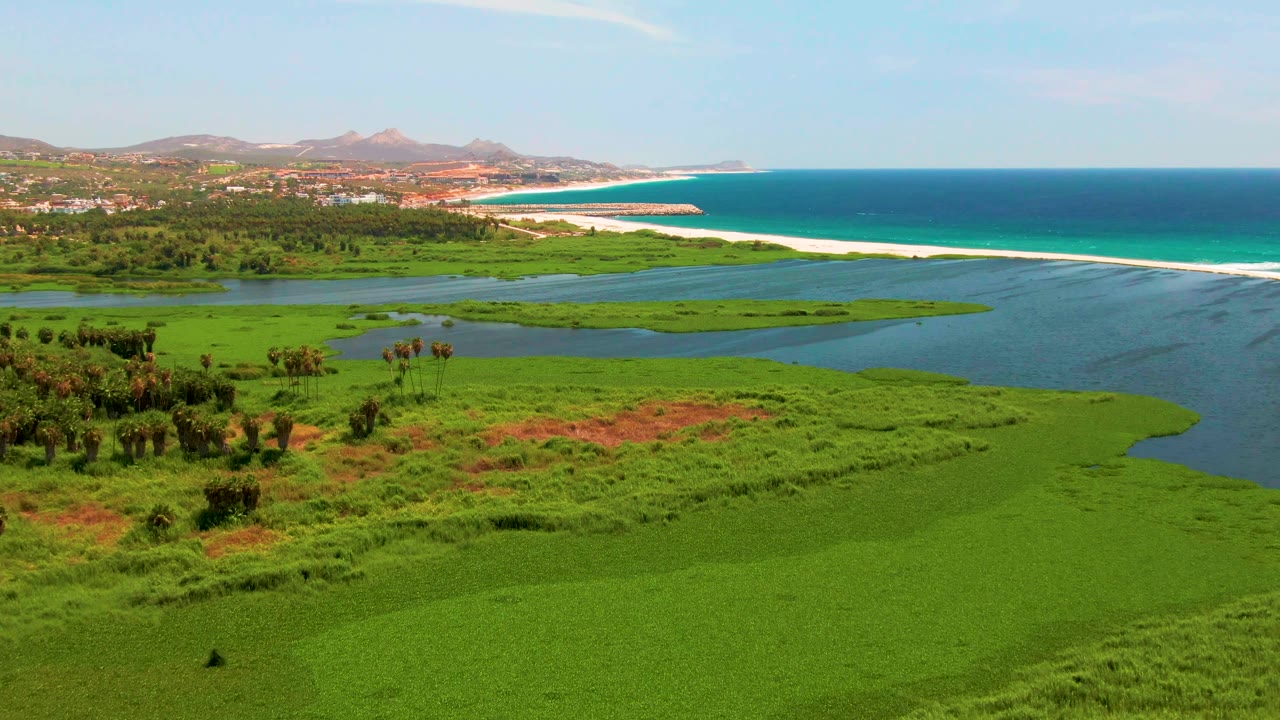 Aerial view of green wetlands, lagoon, sand beach, ocean, hills, and blue sky.