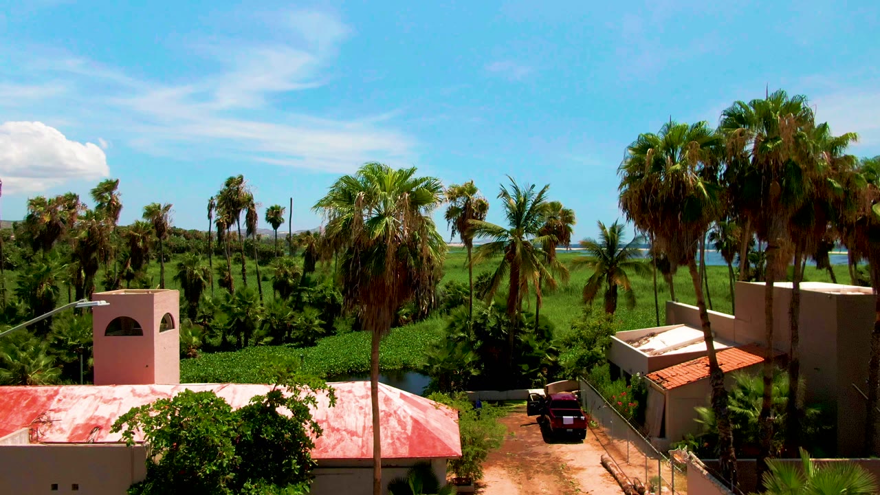 San Jose del Cabo aerial frame shows palms around beige buildings, a roof edge, a dirt drive, green vegetation, distant hills, ocean, and no visible people.