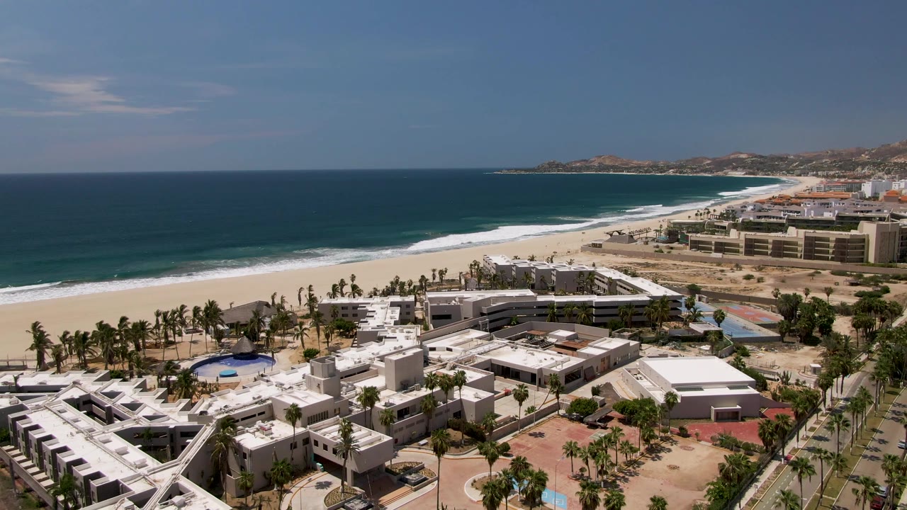 Aerial coastline view with resort buildings in front, palm row, sandy beach, and ocean.