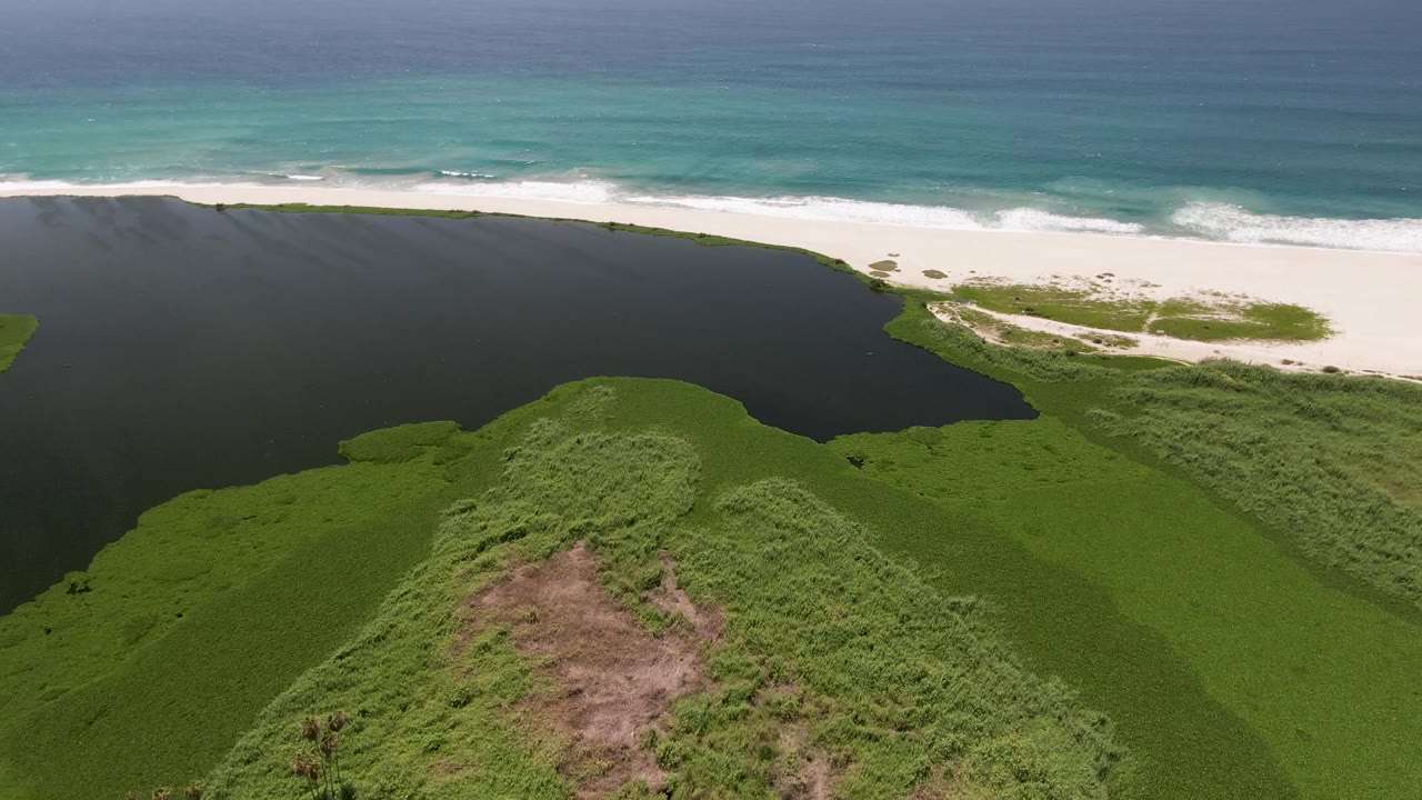 Opening aerial frame over San Jose del Cabo green vegetation and lagoon water with a white sand beach and turquoise ocean beyond, no visible people.