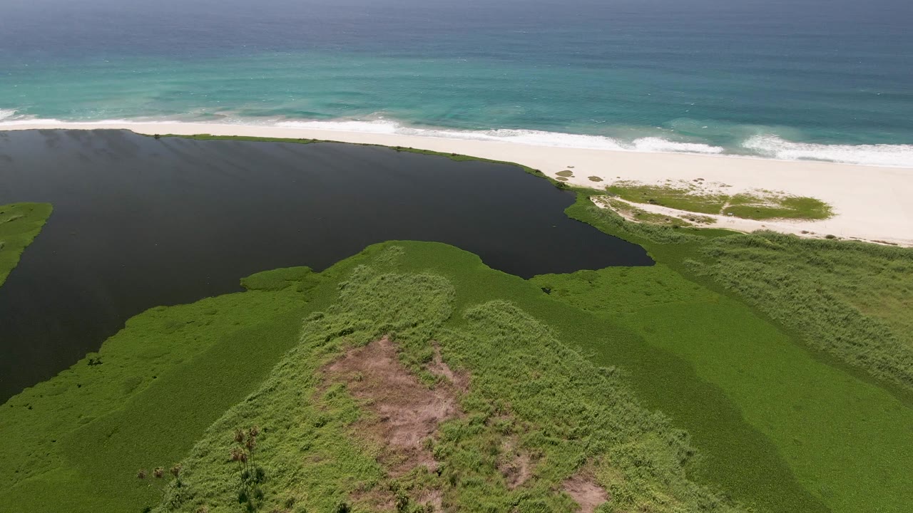 Fourth frame over San Jose del Cabo with lagoon water filling the left side, green vegetation below, white beach across the middle, blue ocean above, and no visible people.
