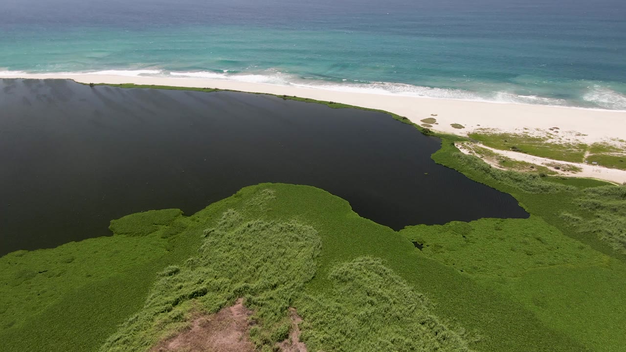 At 0:01, the San Jose Del Cabo coastline remains framed from above, with the green foreground mound closer to center and the lagoon leading toward the white beach, with no visible people.