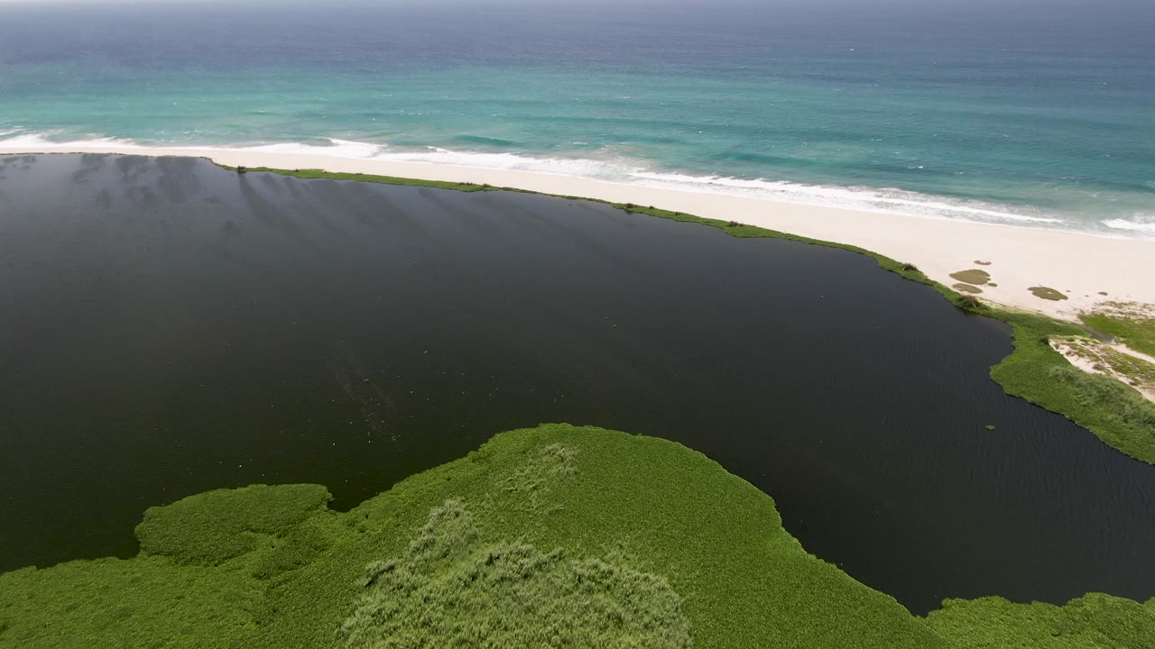 San Jose del Cabo aerial view with the rounded green lagoon edge lower in frame, dark water across the center, white beach, turquoise surf, and no visible people.