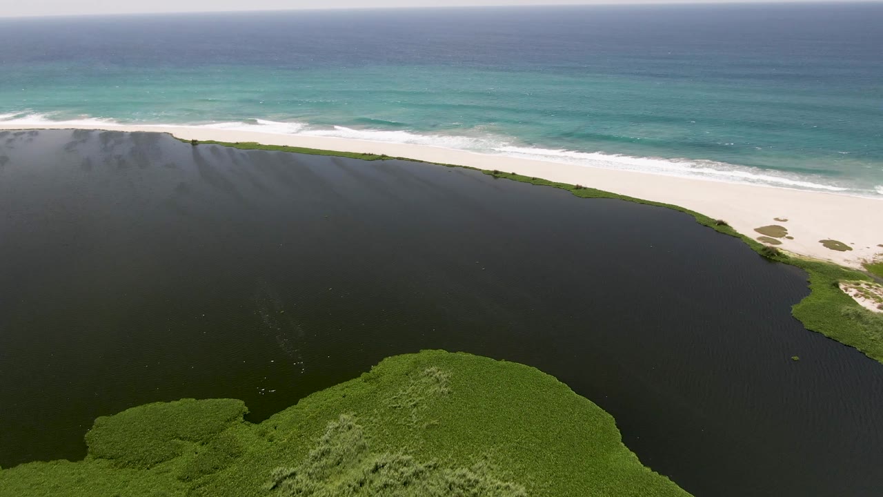Aerial frame in San Jose del Cabo with dense green vegetation at the lower right, dark lagoon water filling the middle, pale sand, turquoise ocean, and no visible people.