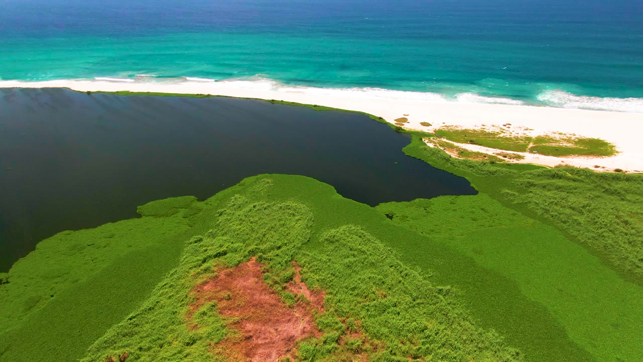 Aerial view of a green coastal lagoon beside a white sand beach and turquoise ocean.