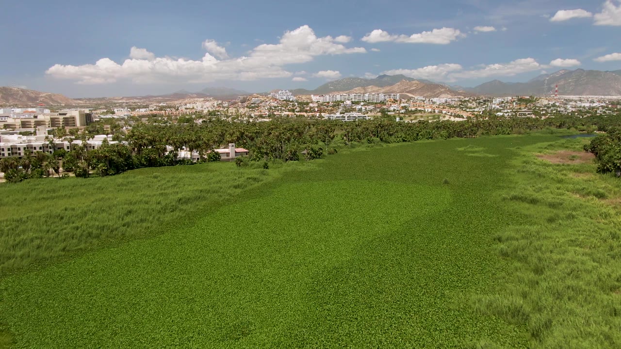 Mid-clip aerial view in San Jose del Cabo with smooth green farmland below, town buildings across the middle distance, hazy mountains, and no visible people.
