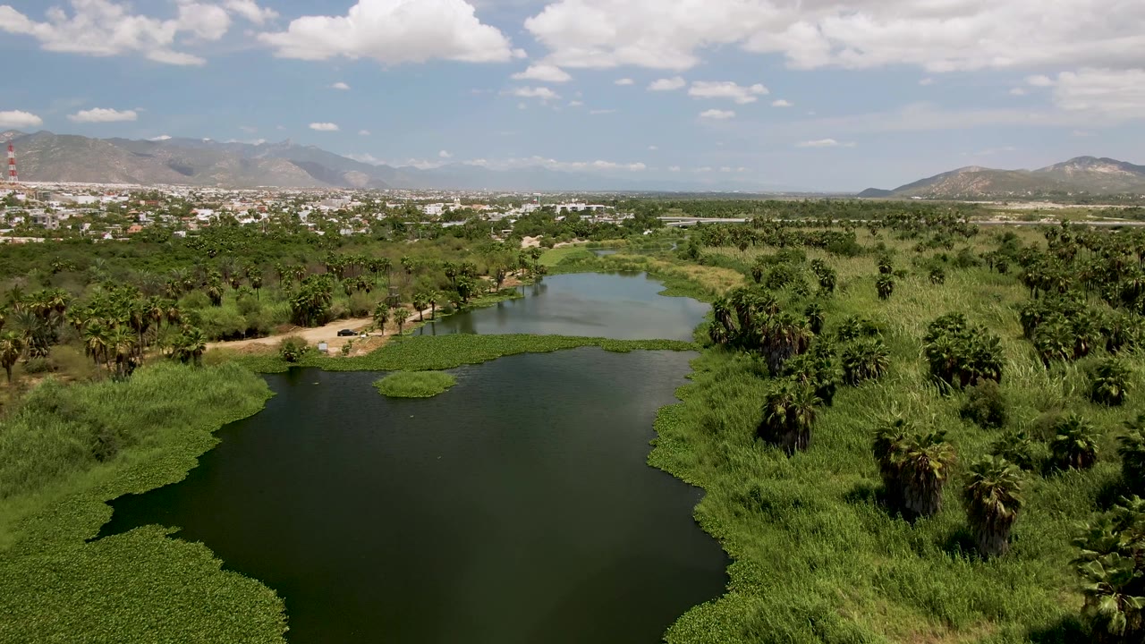 Aerial view looking across lake water toward greenery, town, and mountains.