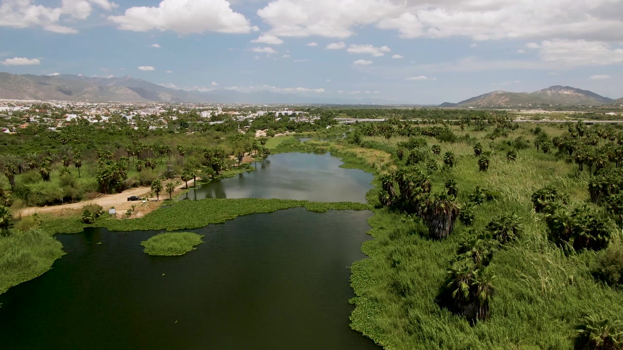 Wide aerial view of green river water, a dirt road, small car, palms, town, and mountains.