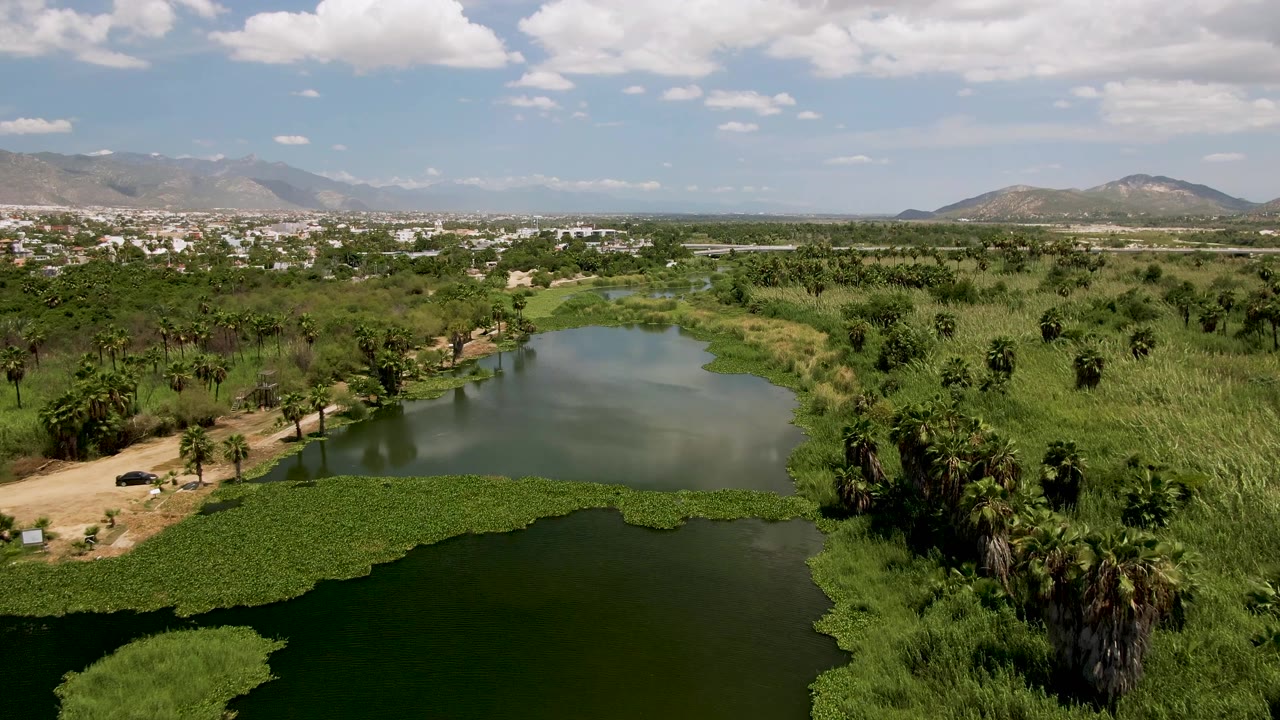 Aerial view of a pond, dirt path, greenery, distant buildings, and mountains.