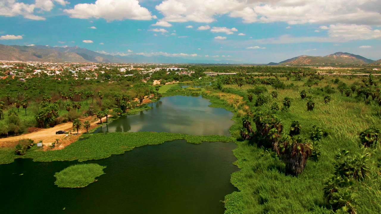 Aerial frame in San Jose del Cabo showing green water in the foreground, a dirt path along the bank, dense vegetation, distant town buildings, mountains, clouds, and no visible people.