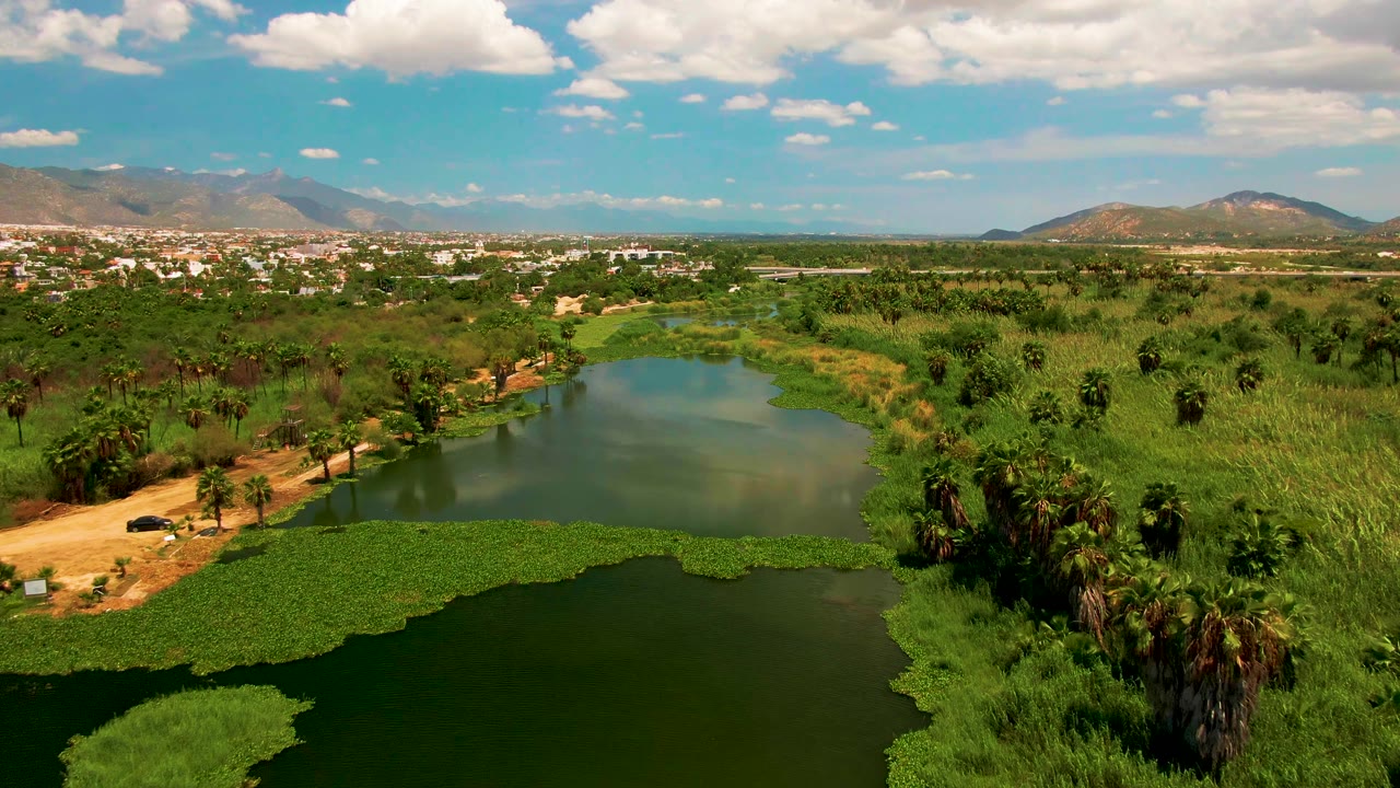 Aerial frame in San Jose del Cabo showing the vehicle farther along the dirt path beside green water, with dense palms and brush, a town strip, mountains, blue sky, and no visible people.