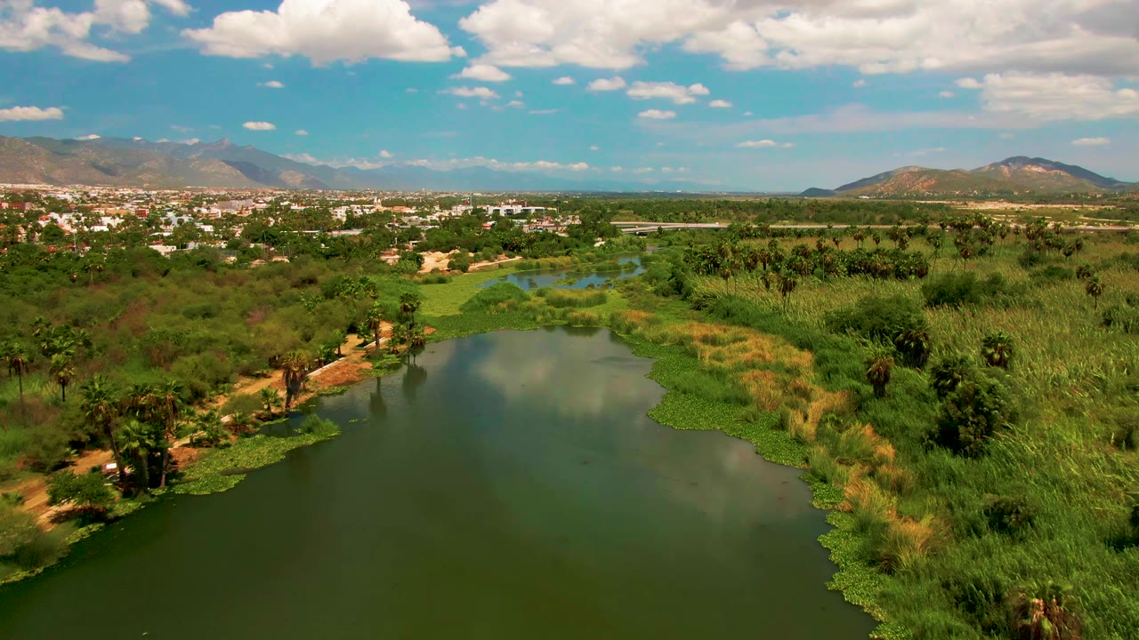 A San Jose Del Cabo aerial frame shows dark green pond water below, a bright strip of shoreline plants, low town buildings beyond the trees, mountains, clouds, and no visible people.