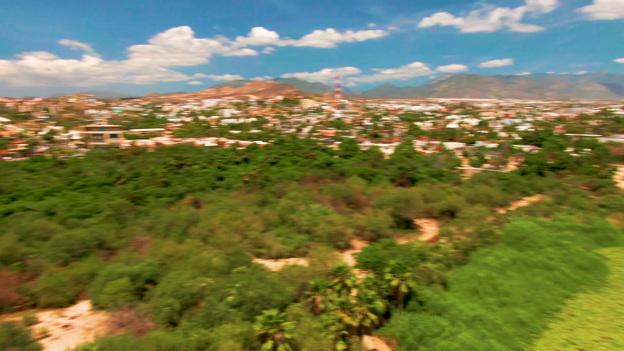 Drone view over trees and fields toward town buildings and mountains