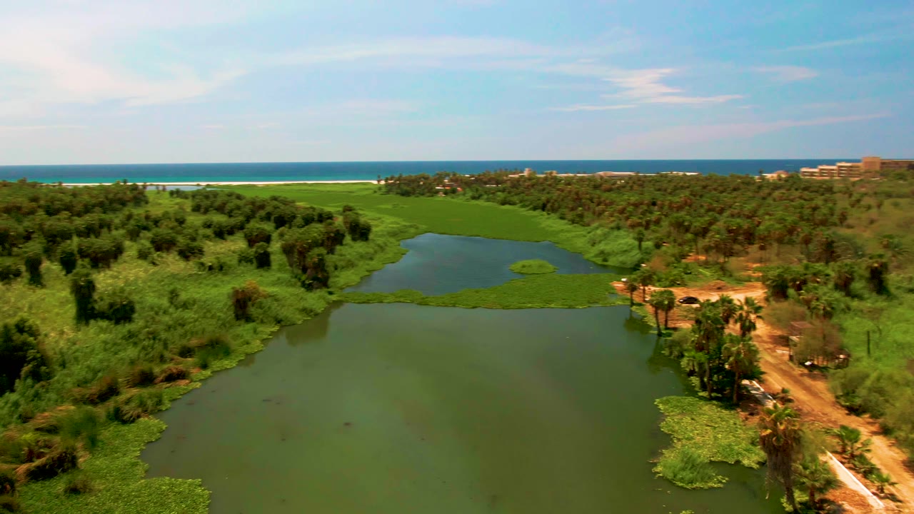 Wide aerial of lagoon water with green vegetation and ocean horizon.