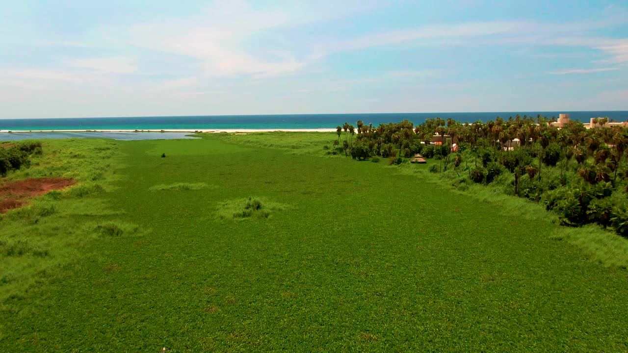 Wide aerial view in San Jose Del Cabo, Mexico, showing a green field leading to palms, low buildings, blue ocean, white surf, and no visible people.