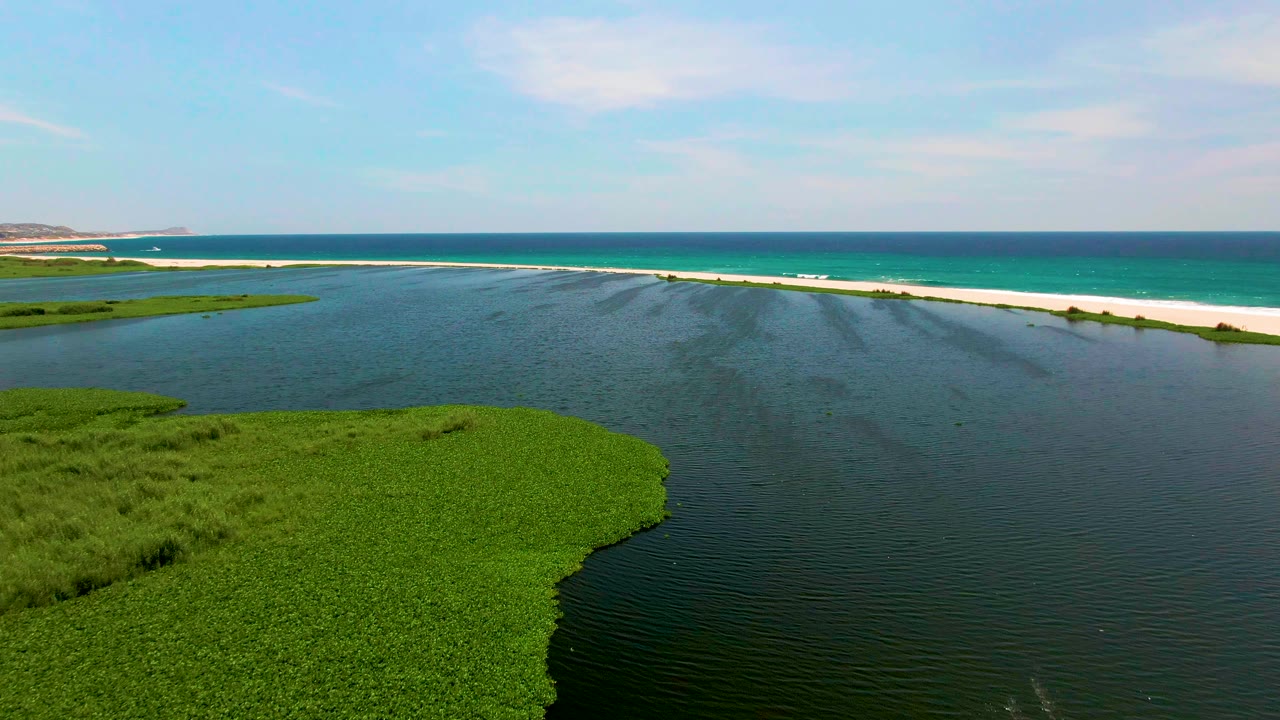 Wide coastal lagoon with wetland foreground and ocean beyond sandbar