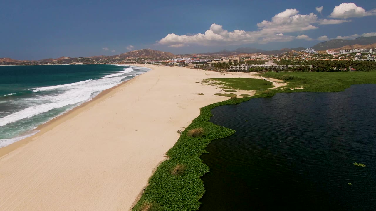 Wide beach aerial with waves on the left and lagoon vegetation on the right