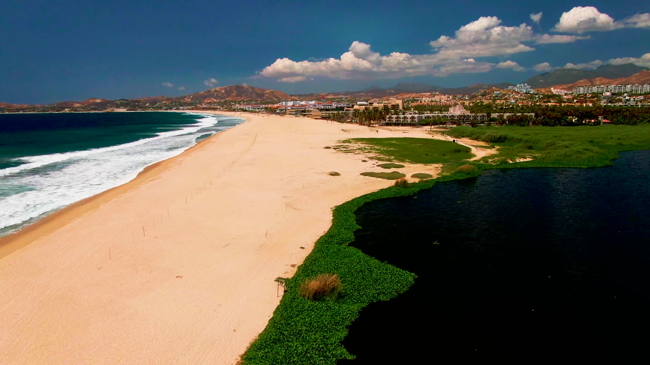 A high drone view in San Jose del Cabo frames the pale beach between breaking waves and a dark lagoon bordered by dense green vegetation, with no visible people.