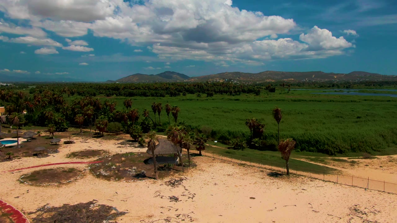 Aerial frame in San Jose del Cabo showing a thatched hut near the sandy area, scattered palms, a curved red curb, green fields, distant hills, and no visible people.